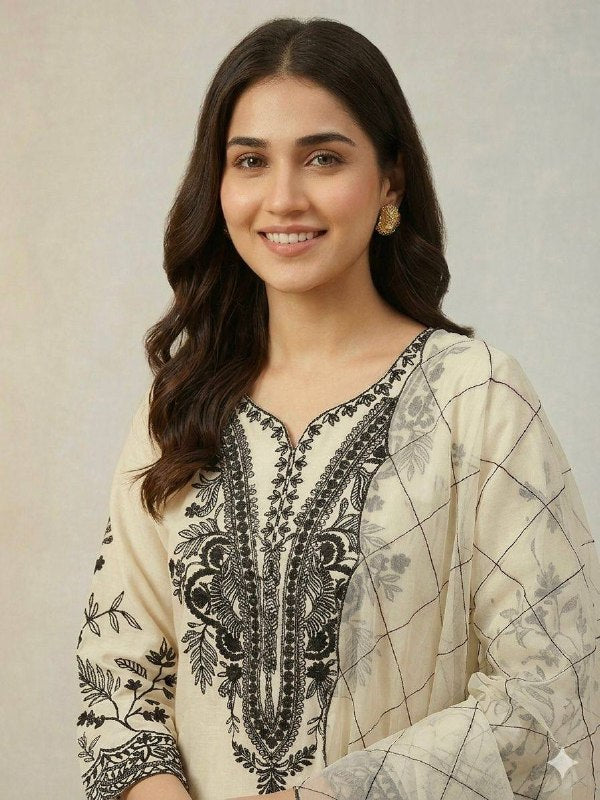 Hania Amir Inspired This Summer Season Wear Pakistani Suit With Embroidered Worked Top, Plazzo And Dupatta (LG-2082)