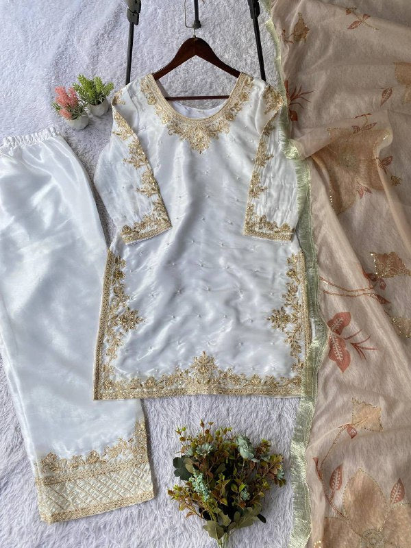 White Cording with Sequence Embroidery and Beads Worked Top, Plazzo and Dupatta