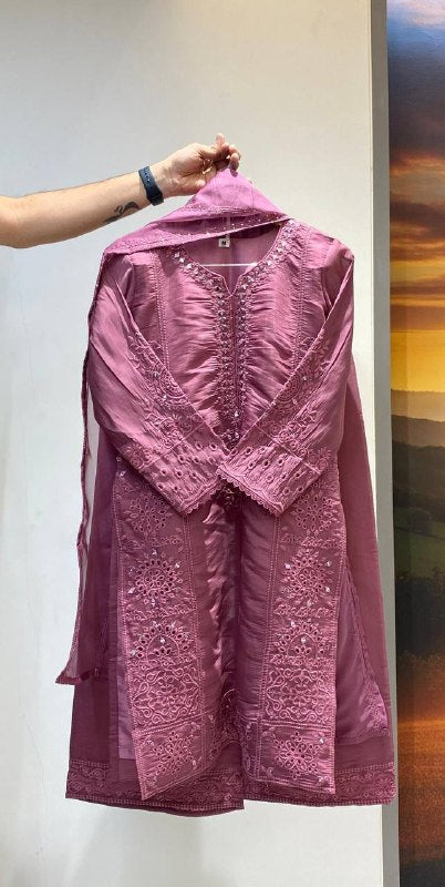 Mauve Hand Mirror & Sequence Embroidered Top, Plazzo with Dupatta