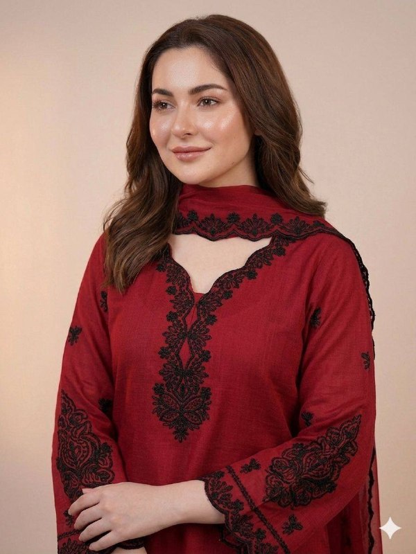 Maroon Embroidered Top, Plazzo and Dupatta with Black Embroidery — Hania Amir Inspired