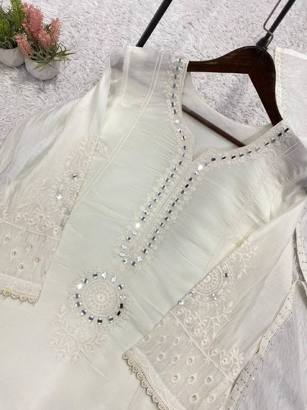 Ivory White Hand Mirror & Sequence Embroidered Top, Plazzo with Dupatta