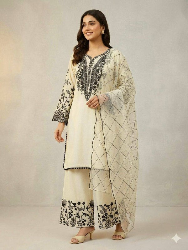 Hania Amir Inspired This Summer Season Wear Pakistani Suit With Embroidered Worked Top, Plazzo And Dupatta (LG-2082)