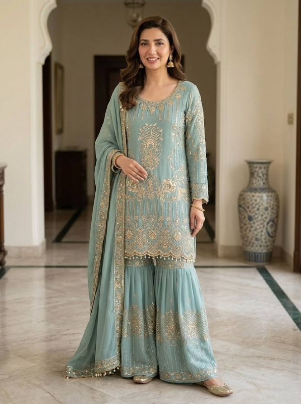 Mahira Khan Inspired Sequence Embroidery Worked Top, Plazzo And Dupatta (LG-2068)