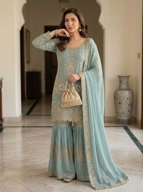 Mahira Khan Inspired Sequence Embroidery Worked Top, Plazzo And Dupatta (LG-2068)