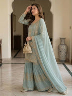 Mahira Khan Inspired Sequence Embroidery Worked Top, Plazzo And Dupatta (LG-2068)