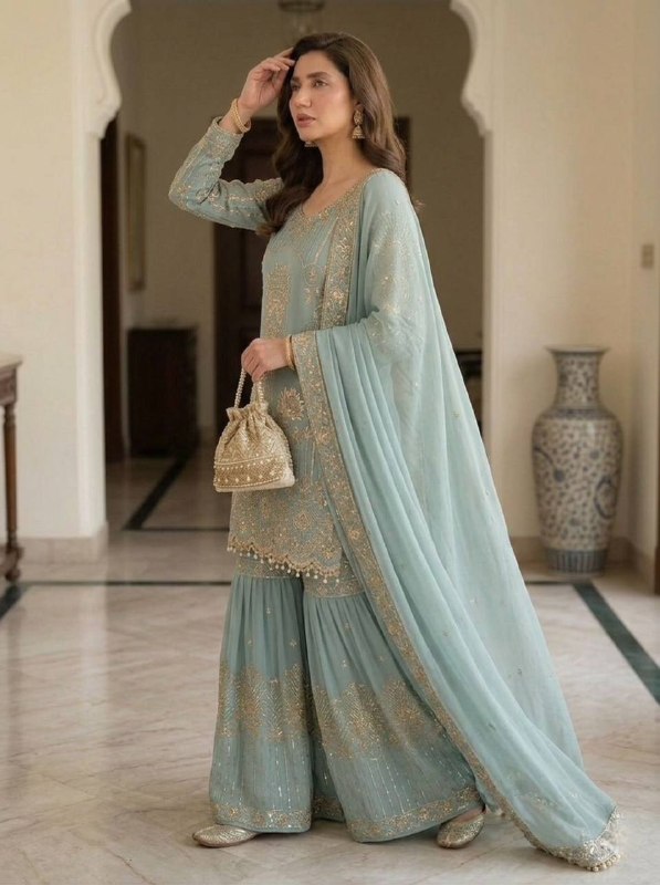Mahira Khan Inspired Sequence Embroidery Worked Top, Plazzo And Dupatta (LG-2068)