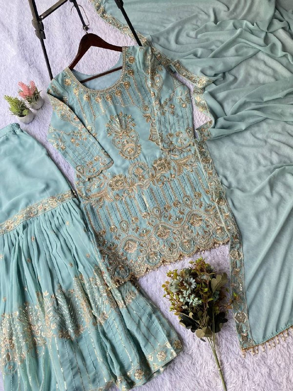 Mahira Khan Inspired Sequence Embroidery Worked Top, Plazzo And Dupatta (LG-2068)