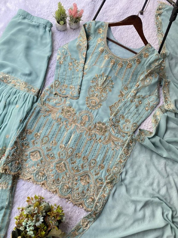 Mahira Khan Inspired Sequence Embroidery Worked Top, Plazzo And Dupatta (LG-2068)