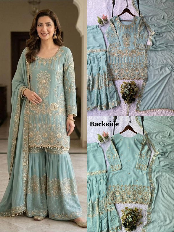 Mahira Khan Inspired Sequence Embroidery Worked Top, Plazzo And Dupatta (LG-2068)