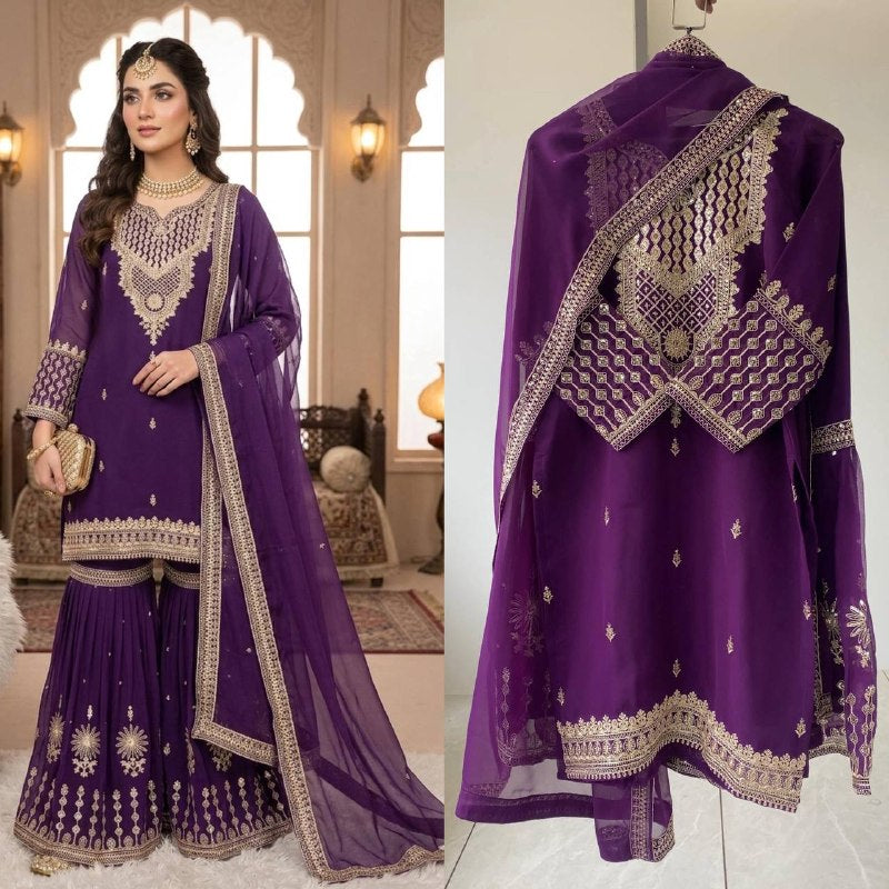 This Wedding Season Wear Our Three Piece Outfit With Sequence Embroidered Worked Top, Farsi Salwaar And Dupatta (LG-2084)