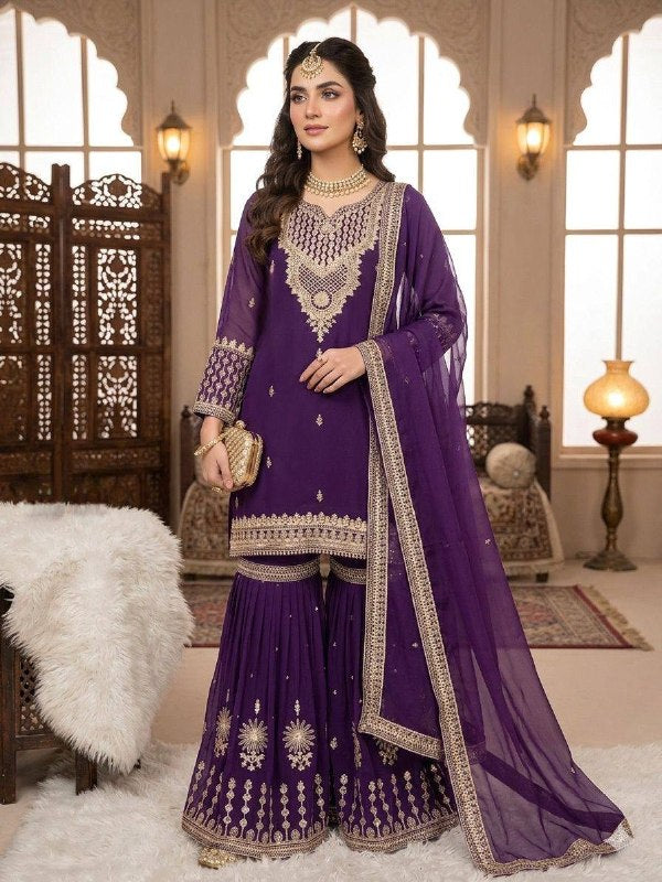 This Wedding Season Wear Our Three Piece Outfit With Sequence Embroidered Worked Top, Farsi Salwaar And Dupatta (LG-2084)