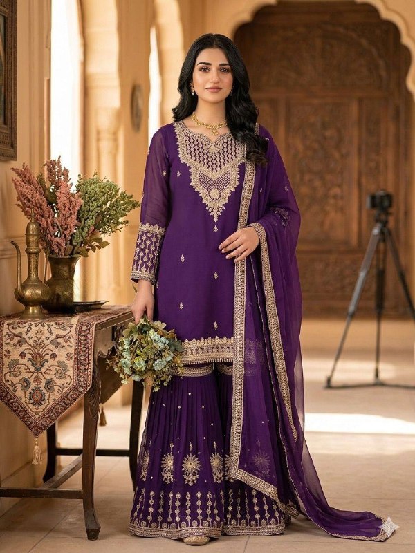 This Wedding Season Wear Our Three Piece Outfit With Sequence Embroidered Worked Top, Farsi Salwaar And Dupatta (LG-2084)