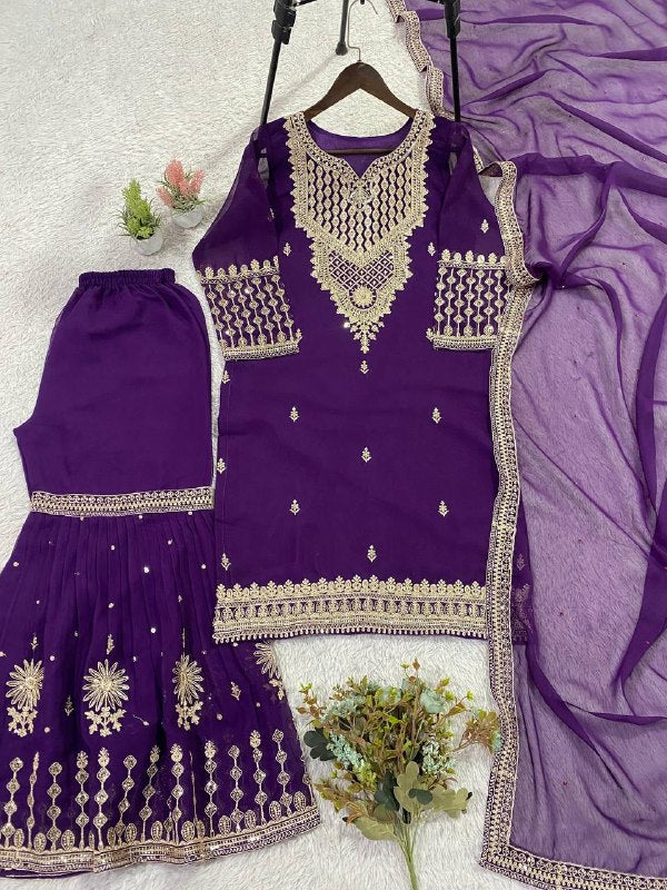 This Wedding Season Wear Our Three Piece Outfit With Sequence Embroidered Worked Top, Farsi Salwaar And Dupatta (LG-2084)