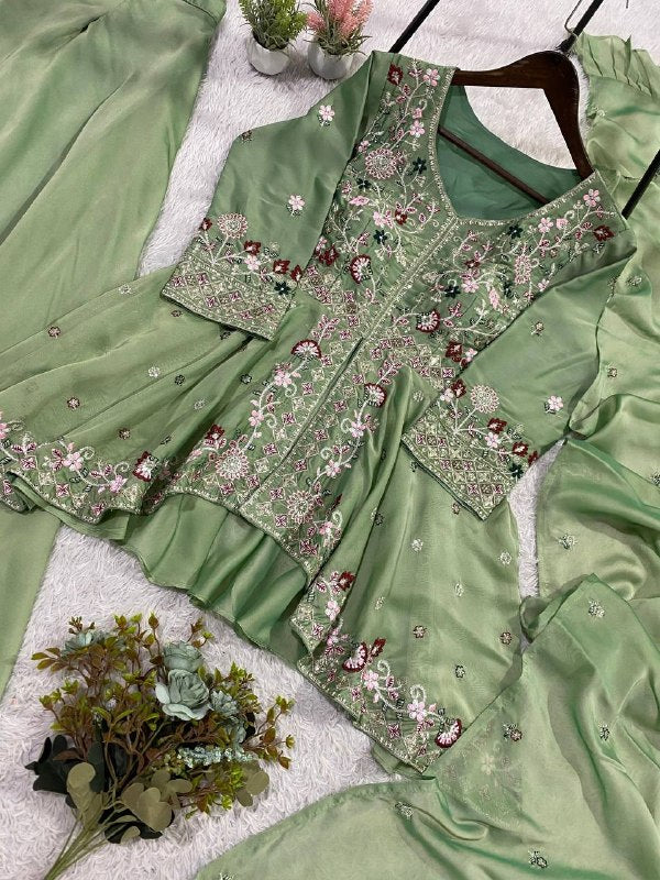 Hania Amir Inspired Summer Season Wear Pakistani Suit With Embroidered Top, Plazzo And Dupatta (LG-2077)