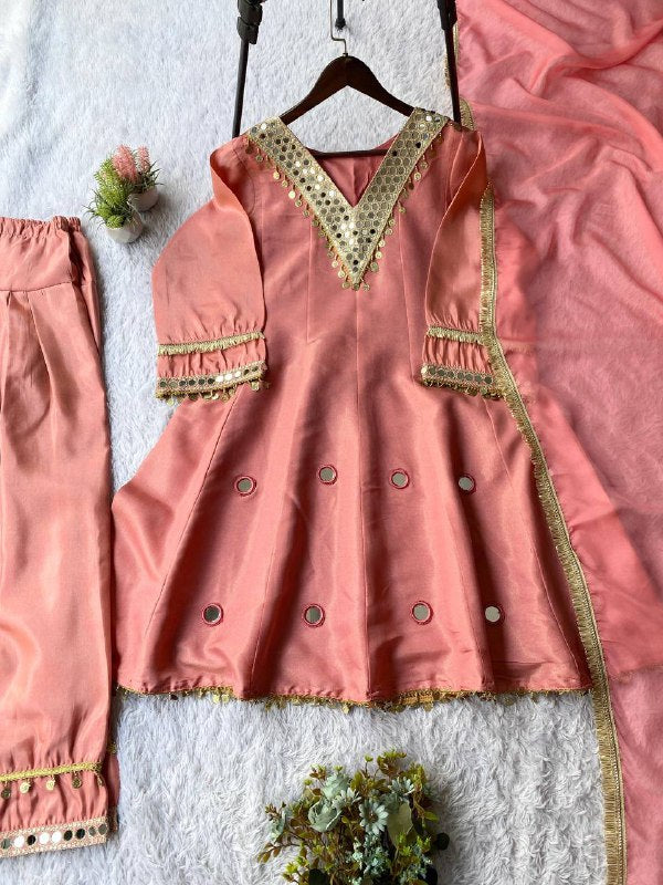 Exclusive 3 Piece Short Kurti With Sarara Pair With Dupatta In Sequence Embroidery And Real Mirror Work (LG-2066)