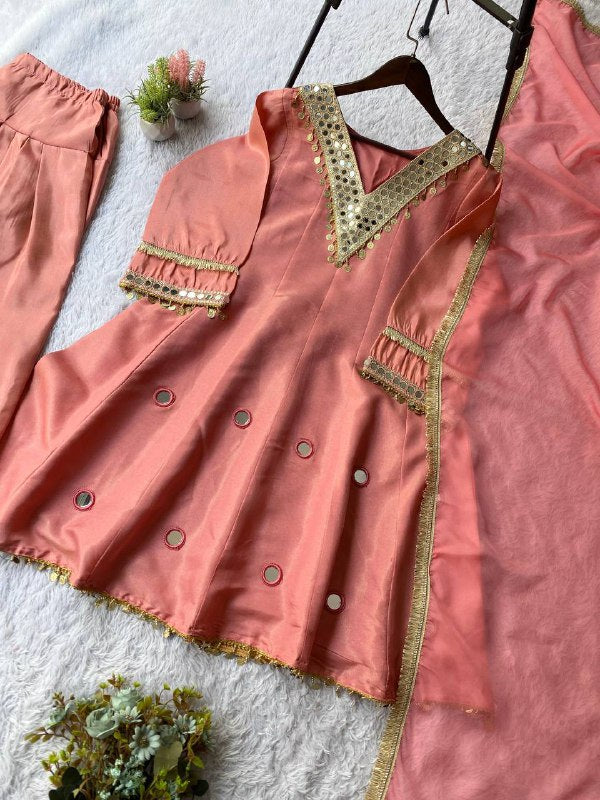 Exclusive 3 Piece Short Kurti With Sarara Pair With Dupatta In Sequence Embroidery And Real Mirror Work (LG-2066)