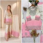 White Pink Ombre Mul Chanderi Suit Set | Real Mirror Work & Sequin Embroidery | Top + Salwar + Dupatta | Festive Ethnic Wear