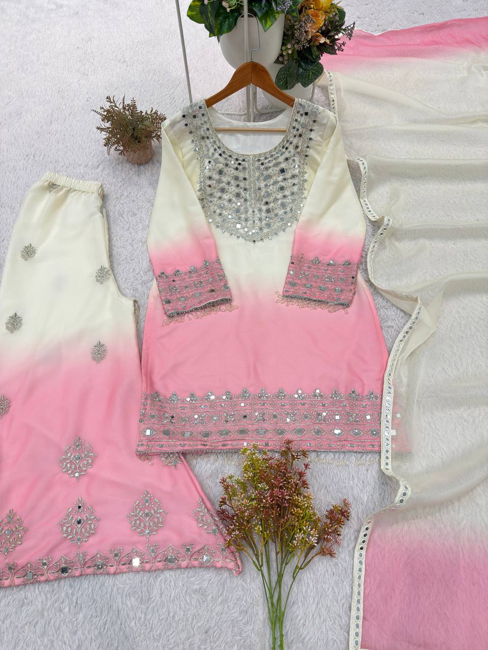 White Pink Ombre Mul Chanderi Suit Set | Real Mirror Work & Sequin Embroidery | Top + Salwar + Dupatta | Festive Ethnic Wear