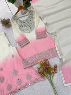 White Pink Ombre Mul Chanderi Suit Set | Real Mirror Work & Sequin Embroidery | Top + Salwar + Dupatta | Festive Ethnic Wear