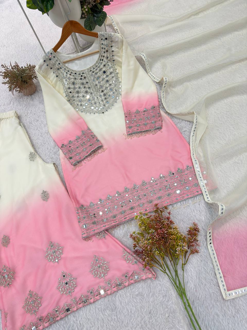 White Pink Ombre Mul Chanderi Suit Set | Real Mirror Work & Sequin Embroidery | Top + Salwar + Dupatta | Festive Ethnic Wear