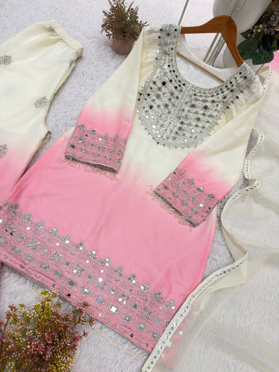 White Pink Ombre Mul Chanderi Suit Set | Real Mirror Work & Sequin Embroidery | Top + Salwar + Dupatta | Festive Ethnic Wear