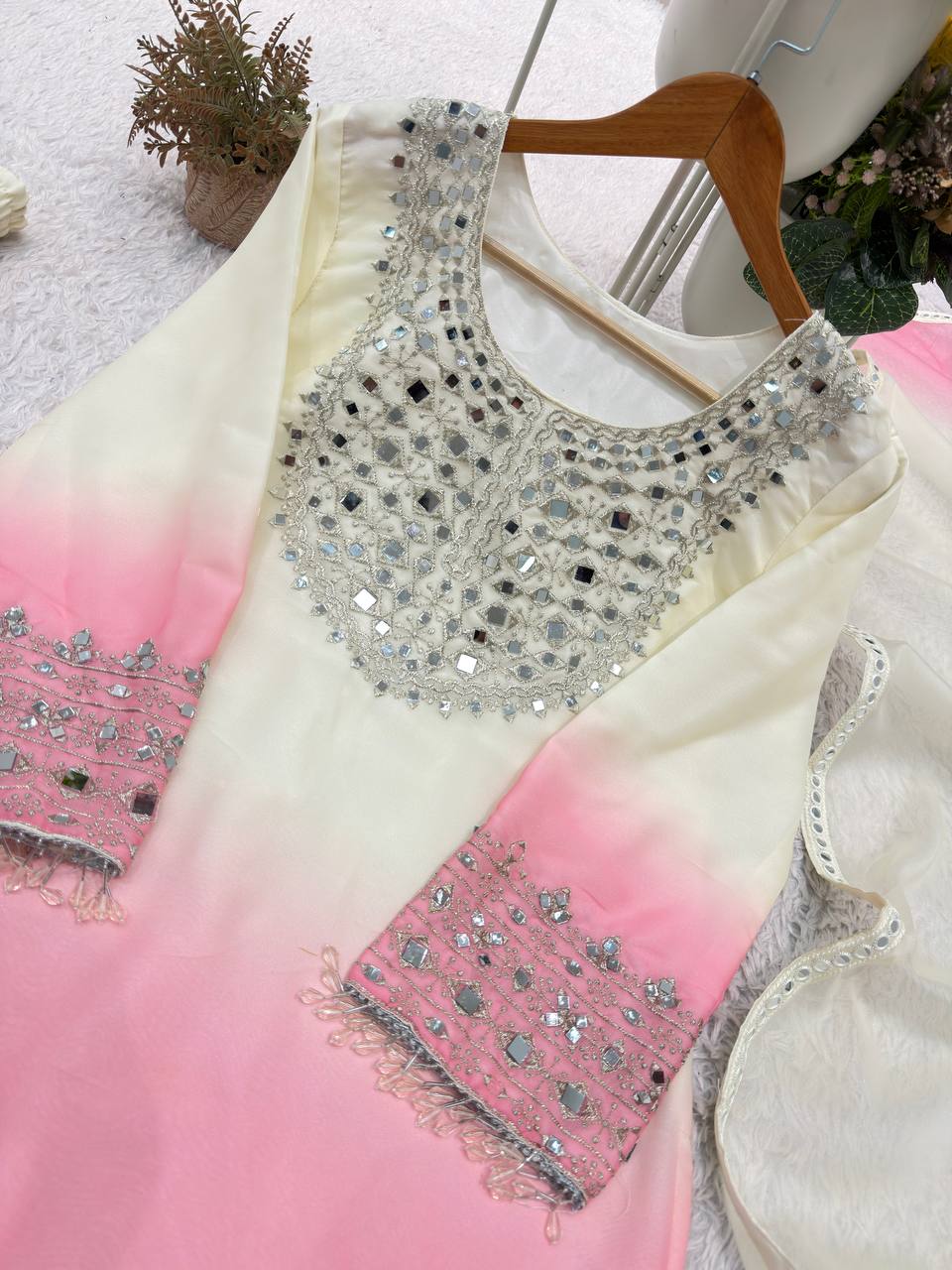White Pink Ombre Mul Chanderi Suit Set | Real Mirror Work & Sequin Embroidery | Top + Salwar + Dupatta | Festive Ethnic Wear