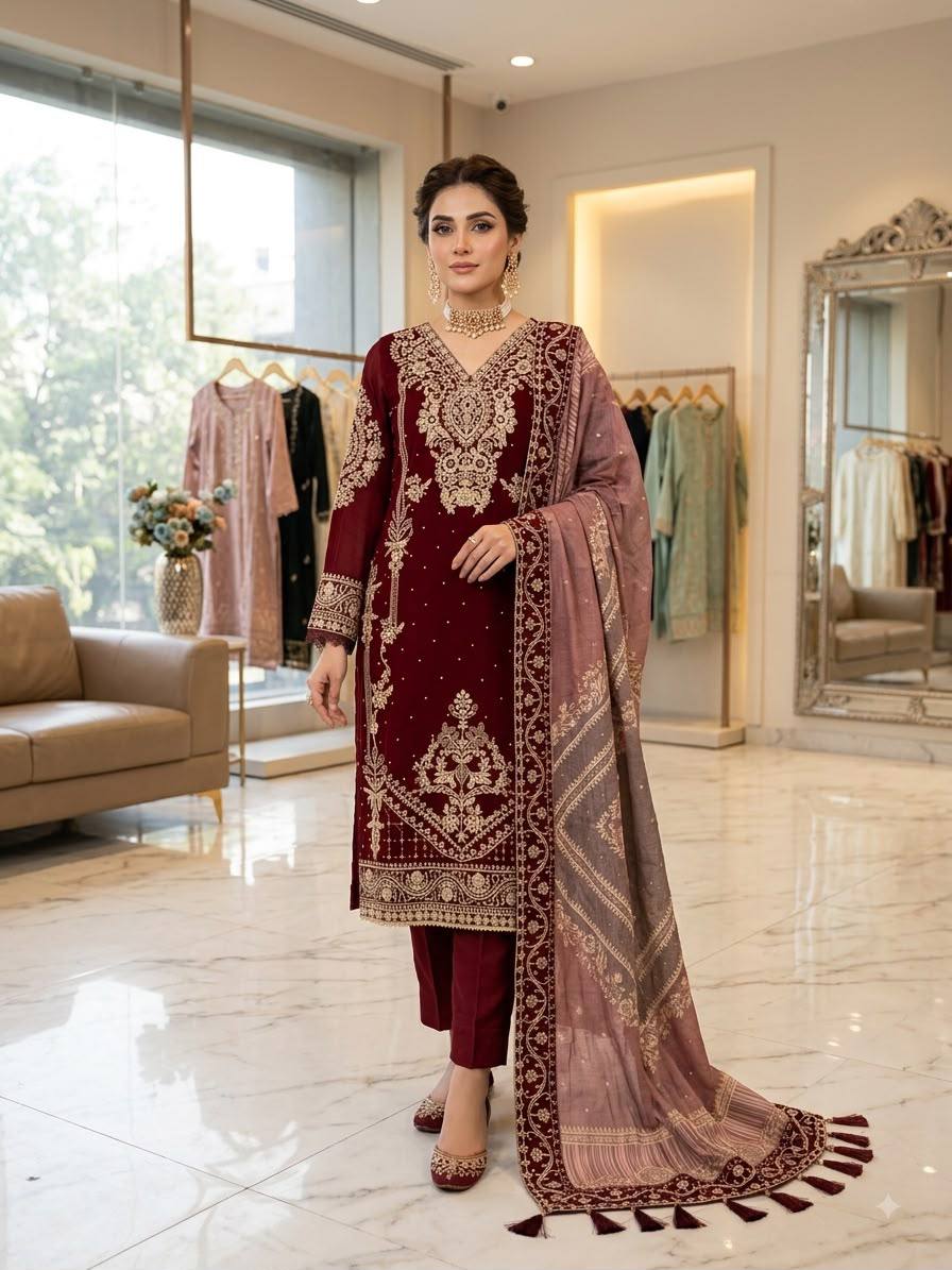 Maroon Georgette Kurti Set | Cording Embroidery & Diamond Work | Top + Pant + Dupatta | Festive & Wedding Ethnic Wear