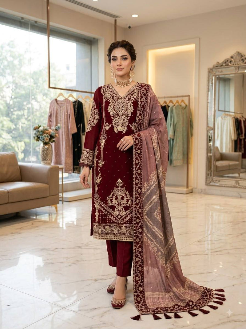 Maroon Georgette Kurti Set | Cording Embroidery & Diamond Work | Top + Pant + Dupatta | Festive & Wedding Ethnic Wear