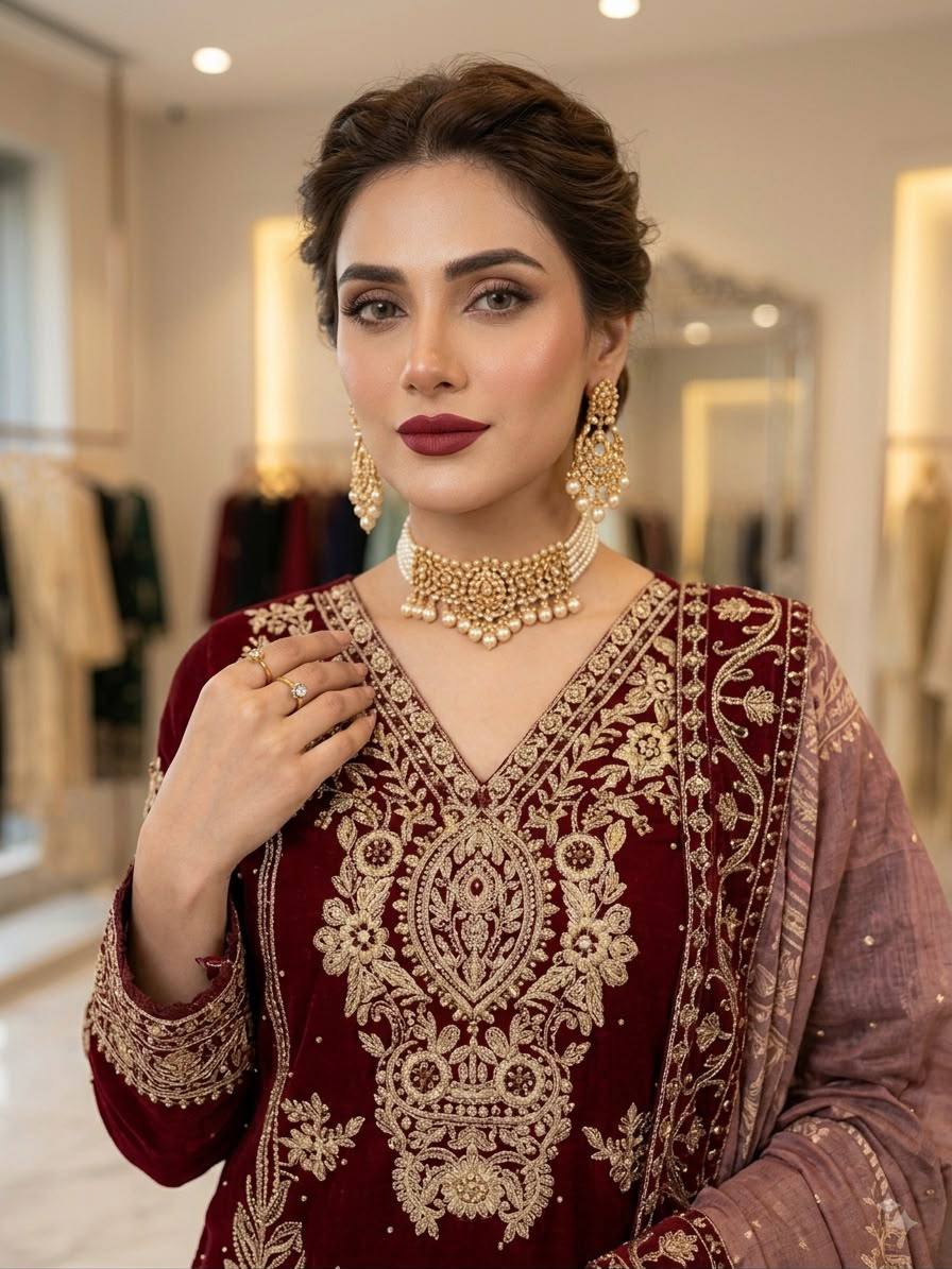 Maroon Georgette Kurti Set | Cording Embroidery & Diamond Work | Top + Pant + Dupatta | Festive & Wedding Ethnic Wear