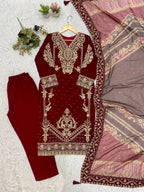 Maroon Georgette Kurti Set | Cording Embroidery & Diamond Work | Top + Pant + Dupatta | Festive & Wedding Ethnic Wear