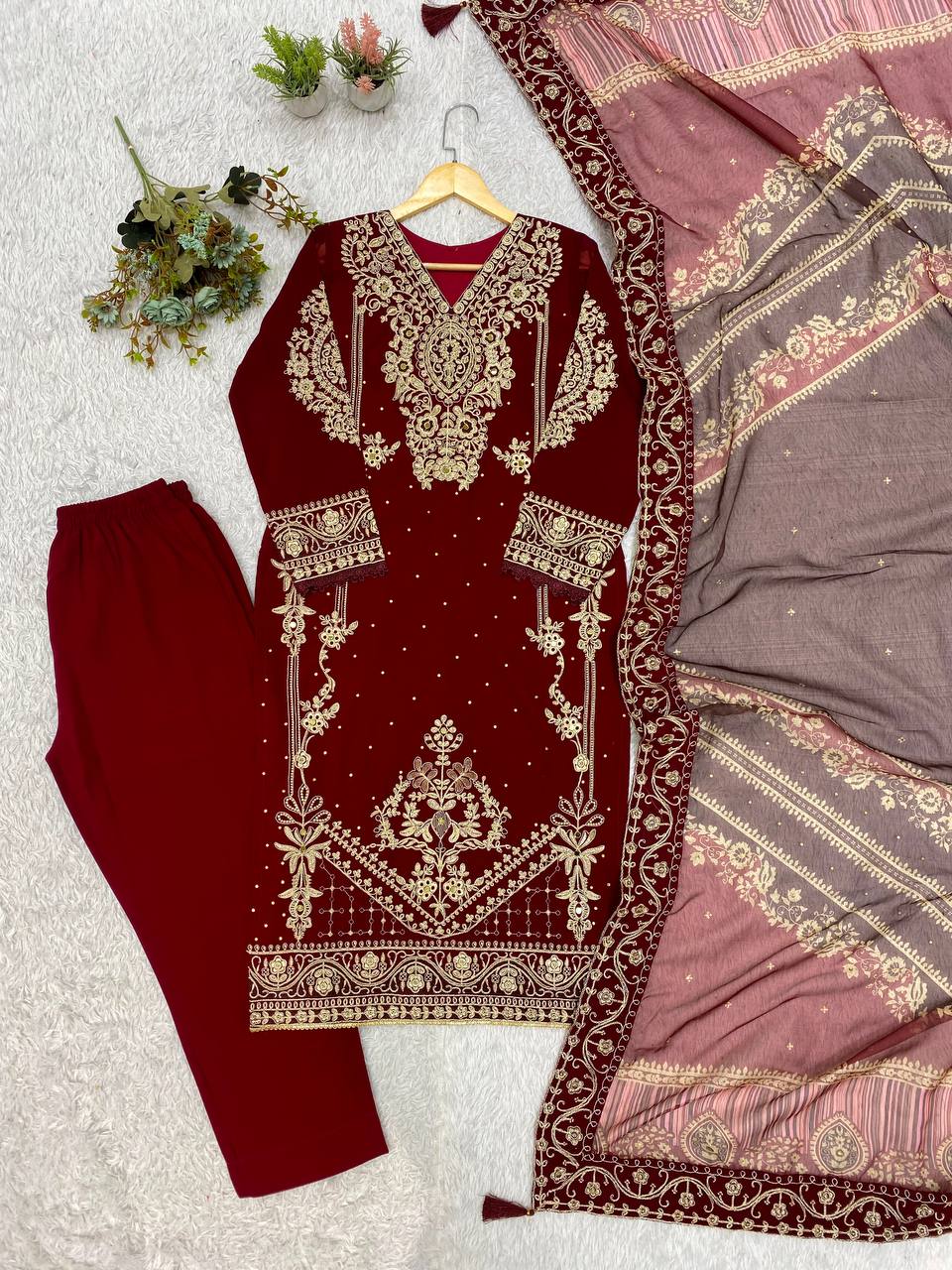 Maroon Georgette Kurti Set | Cording Embroidery & Diamond Work | Top + Pant + Dupatta | Festive & Wedding Ethnic Wear