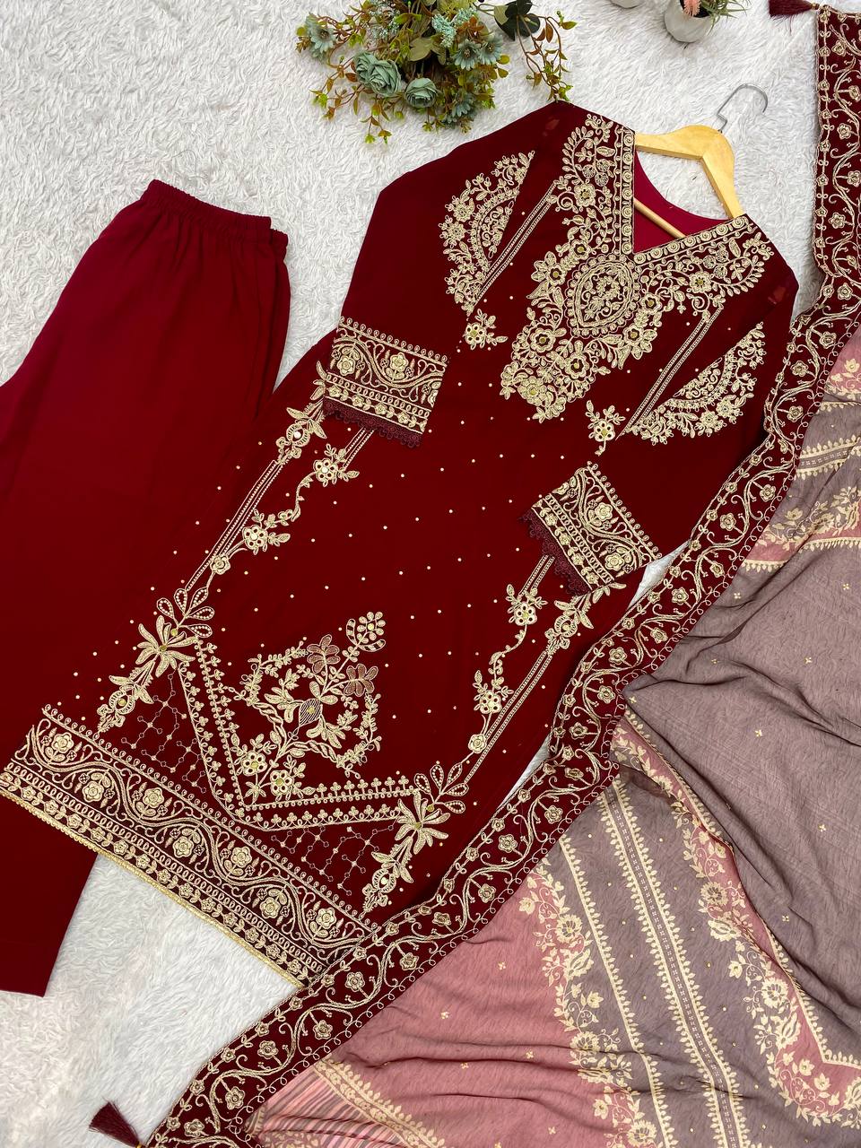 Maroon Georgette Kurti Set | Cording Embroidery & Diamond Work | Top + Pant + Dupatta | Festive & Wedding Ethnic Wear