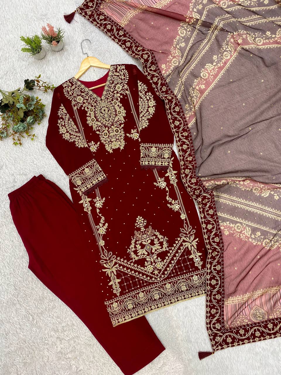 Maroon Georgette Kurti Set | Cording Embroidery & Diamond Work | Top + Pant + Dupatta | Festive & Wedding Ethnic Wear