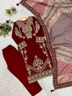 Maroon Georgette Kurti Set | Cording Embroidery & Diamond Work | Top + Pant + Dupatta | Festive & Wedding Ethnic Wear