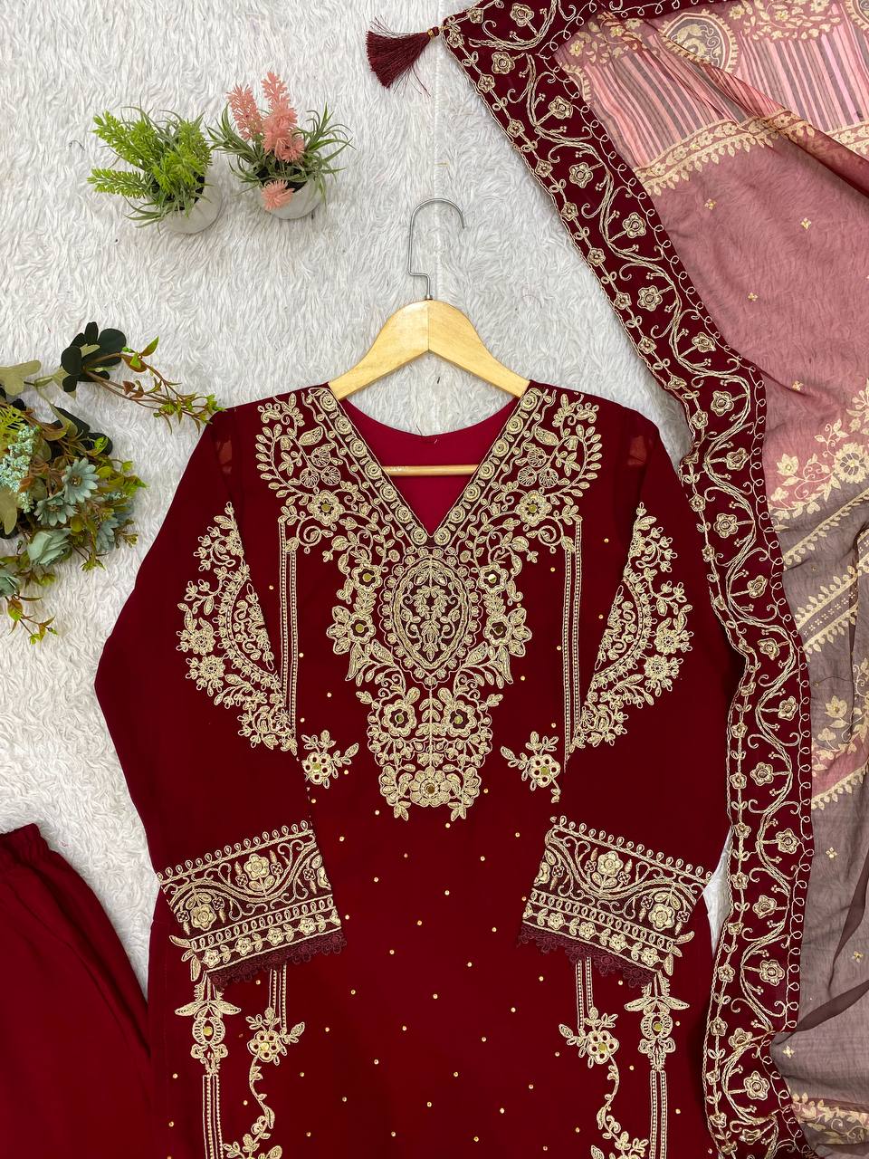 Maroon Georgette Kurti Set | Cording Embroidery & Diamond Work | Top + Pant + Dupatta | Festive & Wedding Ethnic Wear