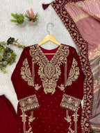 Maroon Georgette Kurti Set | Cording Embroidery & Diamond Work | Top + Pant + Dupatta | Festive & Wedding Ethnic Wear