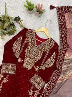 Maroon Georgette Kurti Set | Cording Embroidery & Diamond Work | Top + Pant + Dupatta | Festive & Wedding Ethnic Wear
