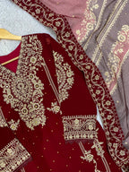 Maroon Georgette Kurti Set | Cording Embroidery & Diamond Work | Top + Pant + Dupatta | Festive & Wedding Ethnic Wear
