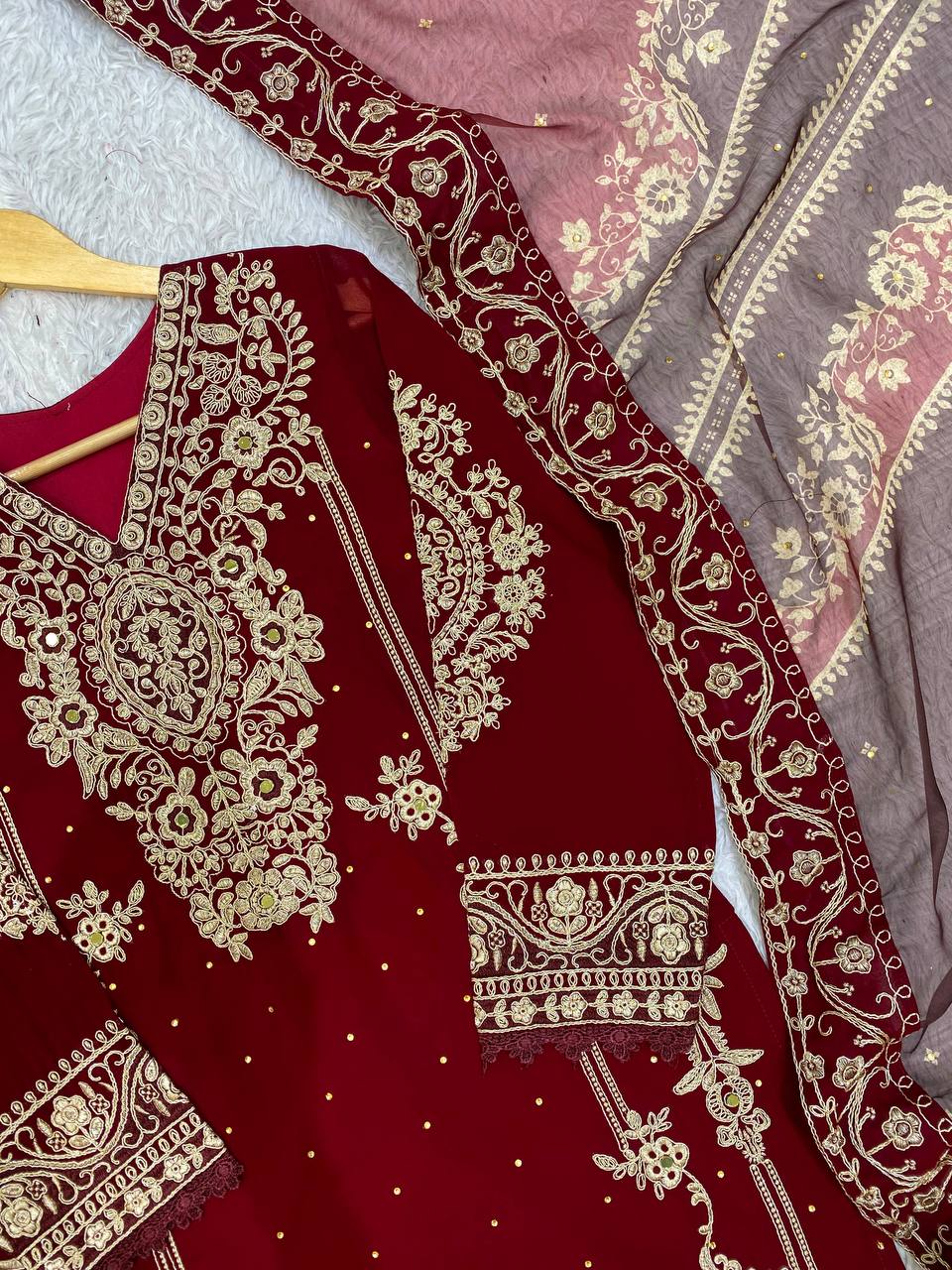 Maroon Georgette Kurti Set | Cording Embroidery & Diamond Work | Top + Pant + Dupatta | Festive & Wedding Ethnic Wear