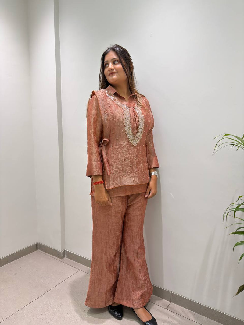 Champagne Gold Designer Shirt, Pant with Embroidery Beads Work Shrug Set
