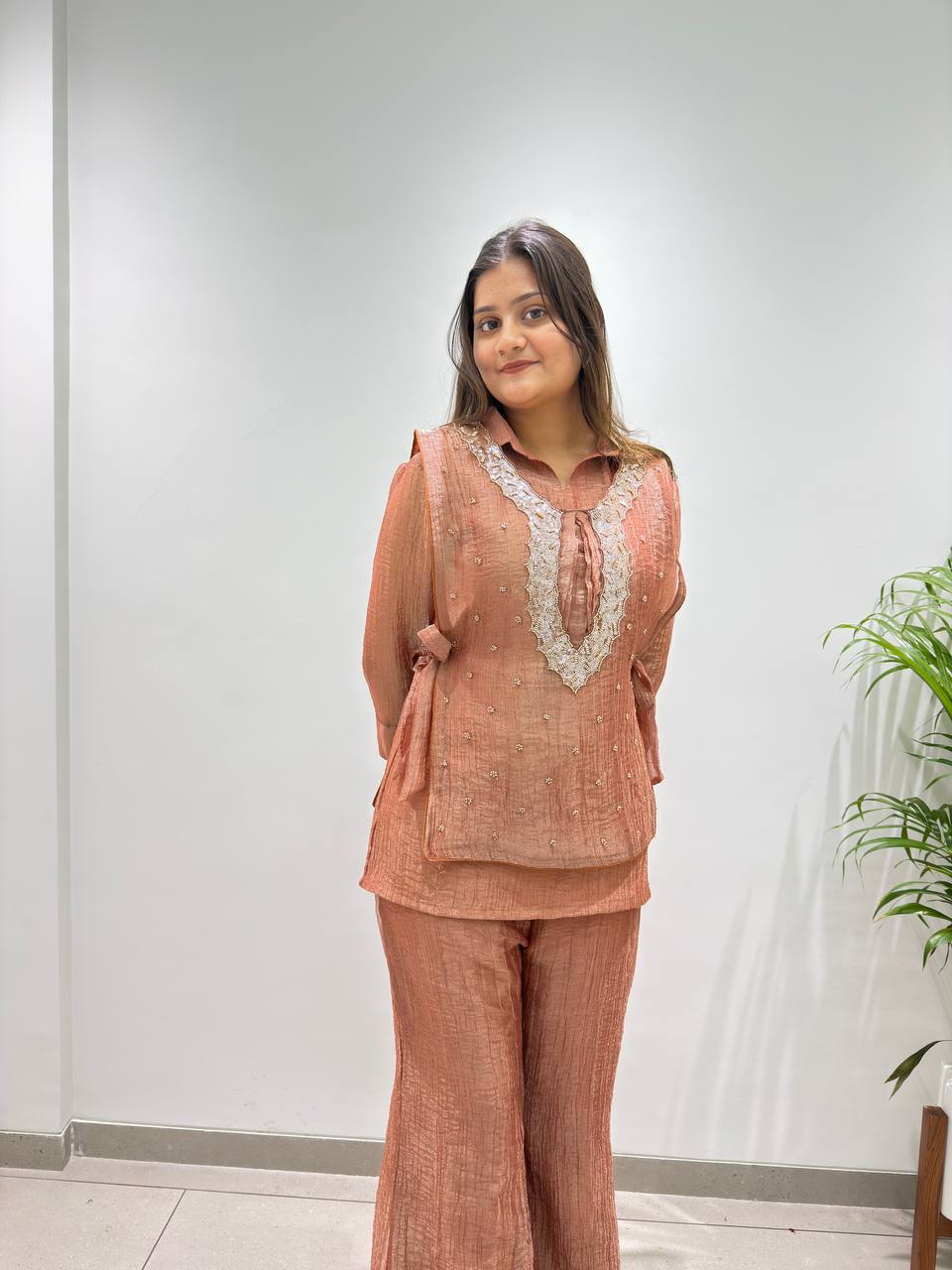 Champagne Gold Designer Shirt, Pant with Embroidery Beads Work Shrug Set