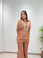 Champagne Gold Designer Shirt, Pant with Embroidery Beads Work Shrug Set