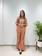 Champagne Gold Designer Shirt, Pant with Embroidery Beads Work Shrug Set