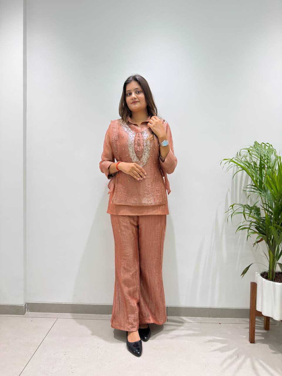 Champagne Gold Designer Shirt, Pant with Embroidery Beads Work Shrug Set