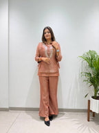 Champagne Gold Designer Shirt, Pant with Embroidery Beads Work Shrug Set