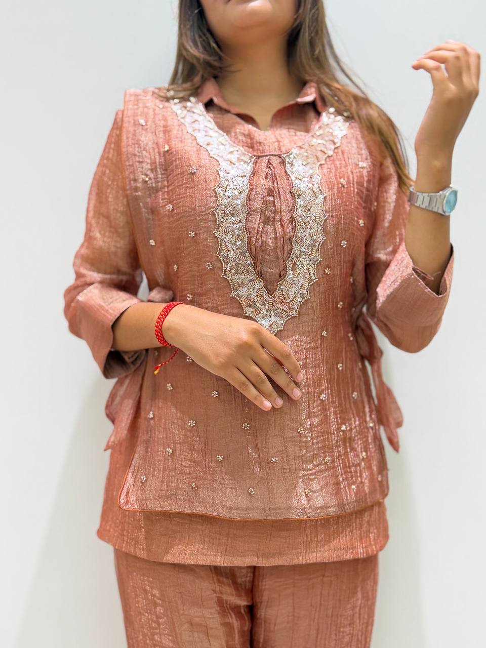 Champagne Gold Designer Shirt, Pant with Embroidery Beads Work Shrug Set