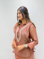 Champagne Gold Designer Shirt, Pant with Embroidery Beads Work Shrug Set