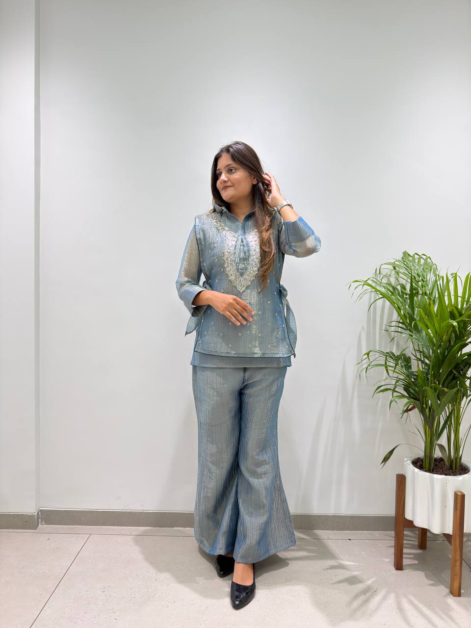 Steel Blue Designer Shirt, Pant with Embroidery Beads Work Shrug Set