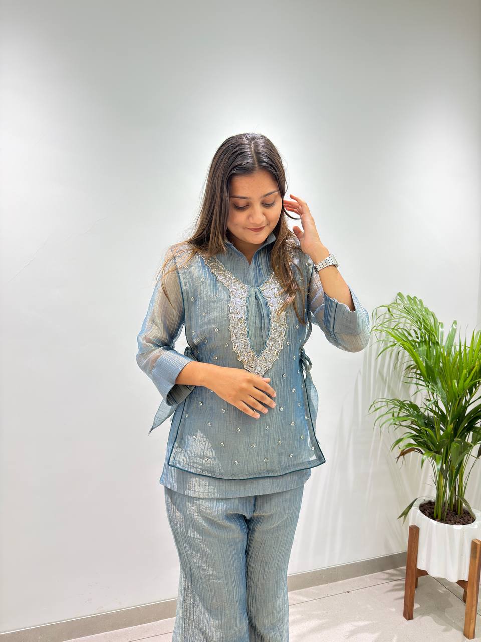 Steel Blue Designer Shirt, Pant with Embroidery Beads Work Shrug Set