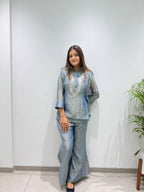 Steel Blue Designer Shirt, Pant with Embroidery Beads Work Shrug Set